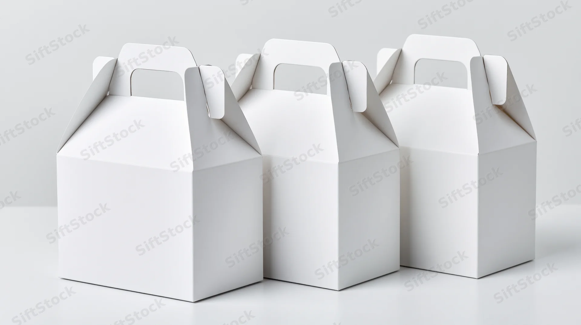 Three plain white cardboard gable boxes with fold-over handles arranged in a row on a white surface