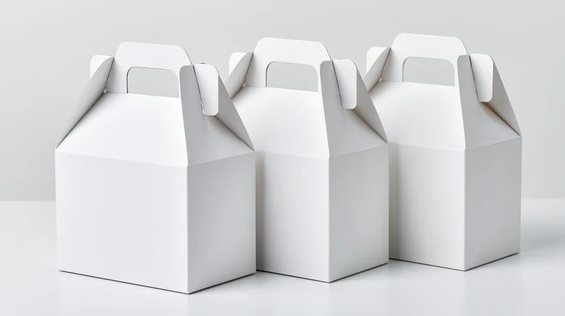 Three plain white cardboard gable boxes with fold-over handles arranged in a row on a white surface
