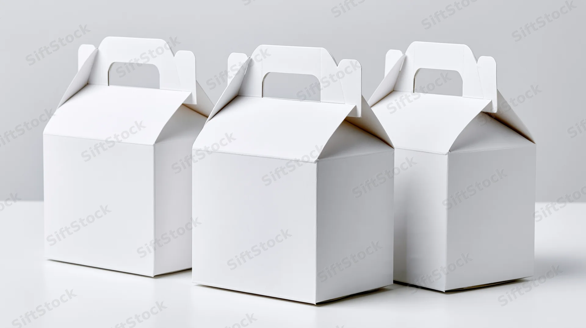 Three plain white cardboard gable boxes with fold-over handles on a white surface