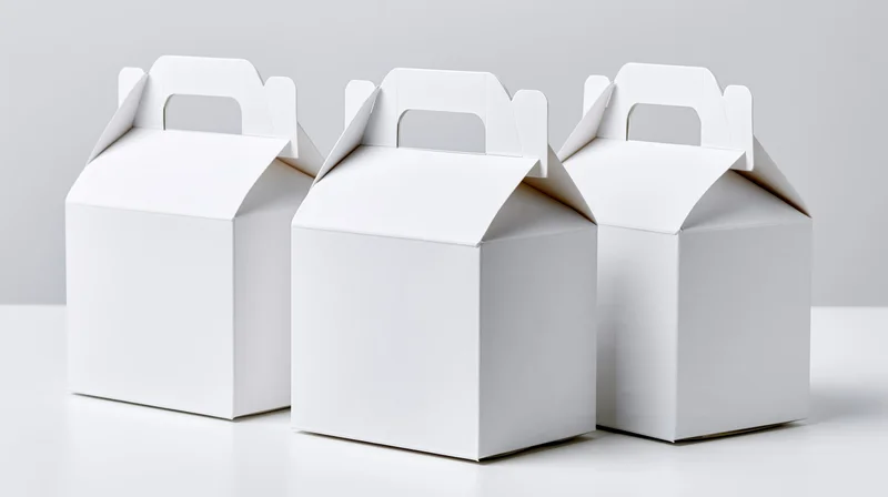 Three plain white cardboard gable boxes with fold-over handles on a white surface