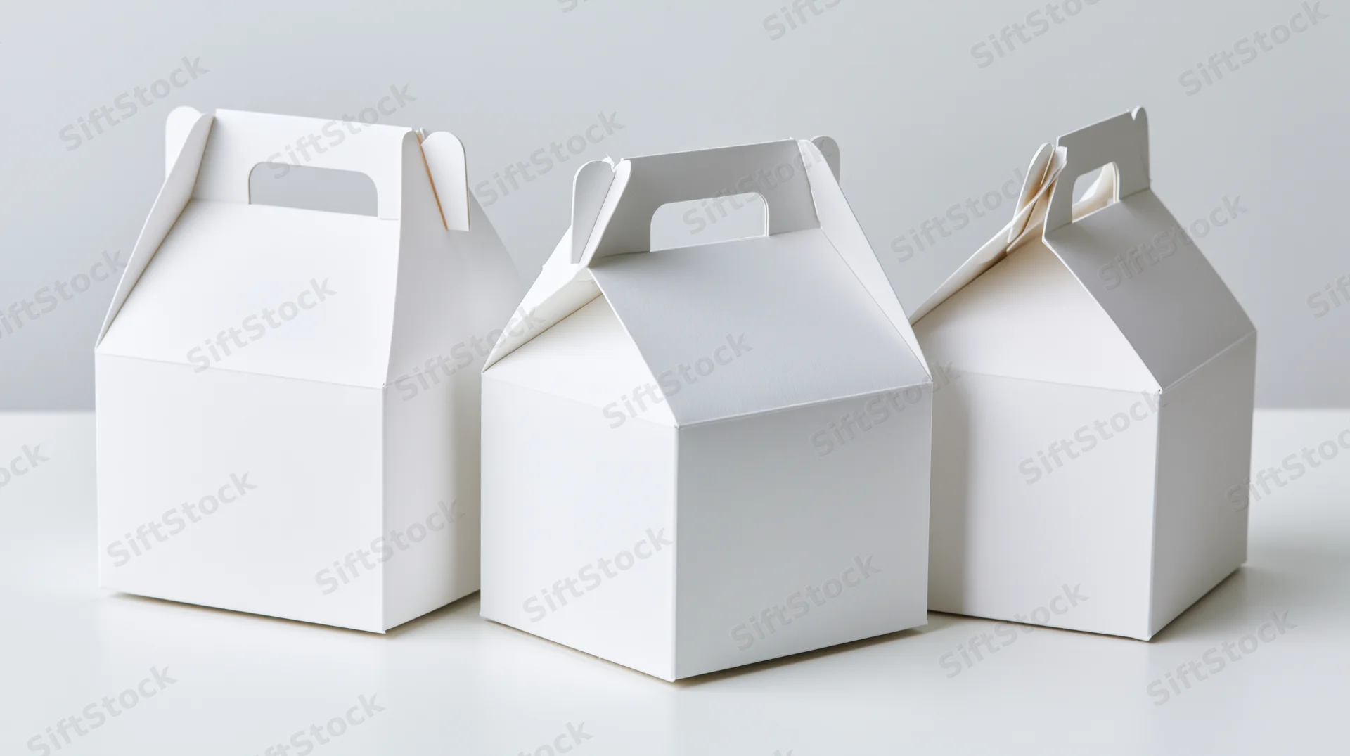 Three plain white cardboard gable boxes with fold-over handles arranged in a row on a white surface