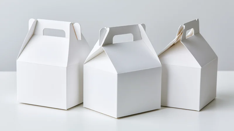 Three plain white cardboard gable boxes with fold-over handles arranged in a row on a white surface