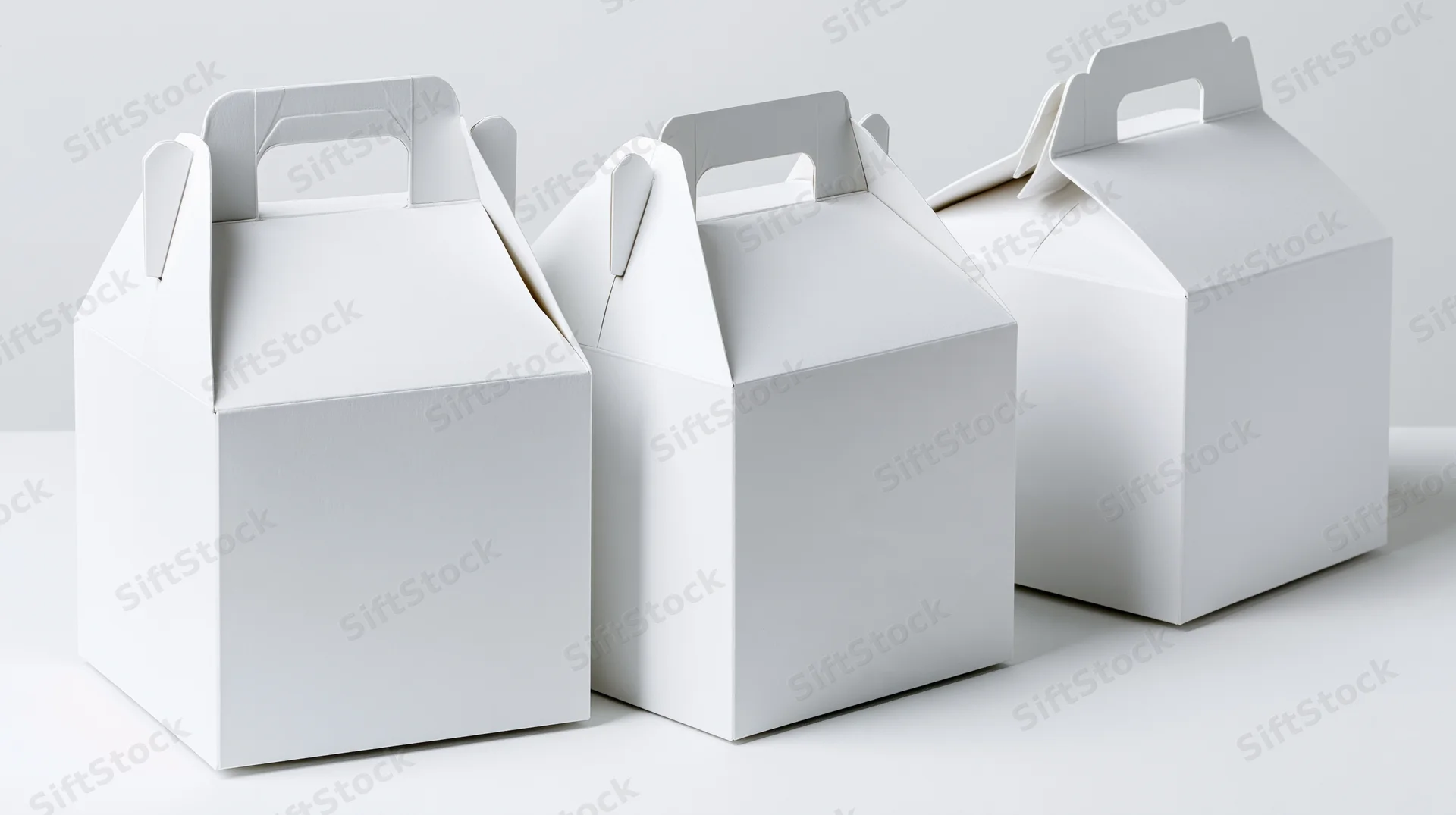Three plain white cardboard gable boxes with fold-over handles arranged in a row on a white surface