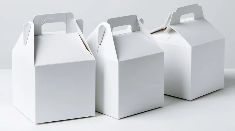 Three plain white cardboard gable boxes with fold-over handles arranged in a row on a white surface