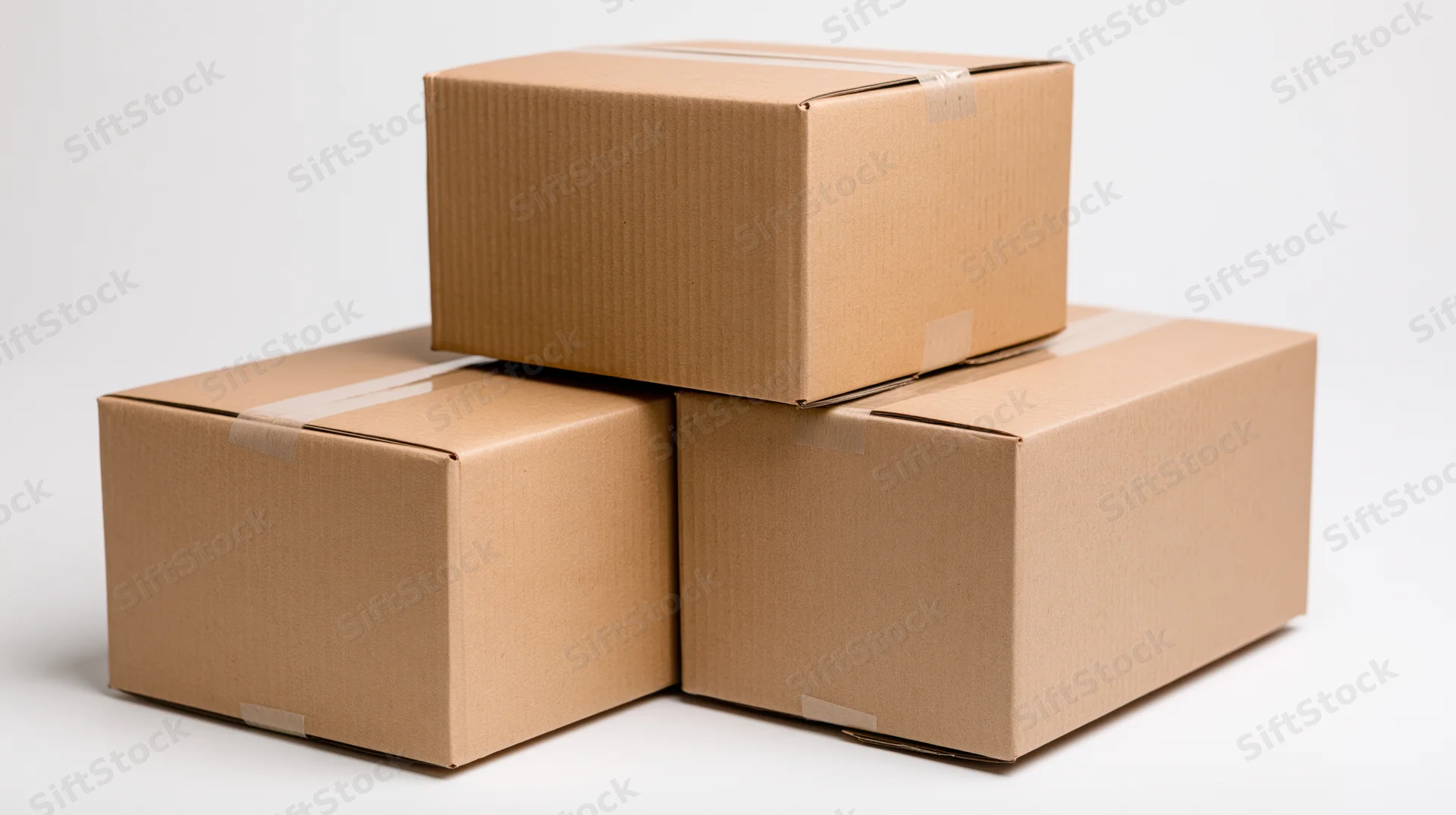Three sealed cardboard shipping boxes stacked on a white surface