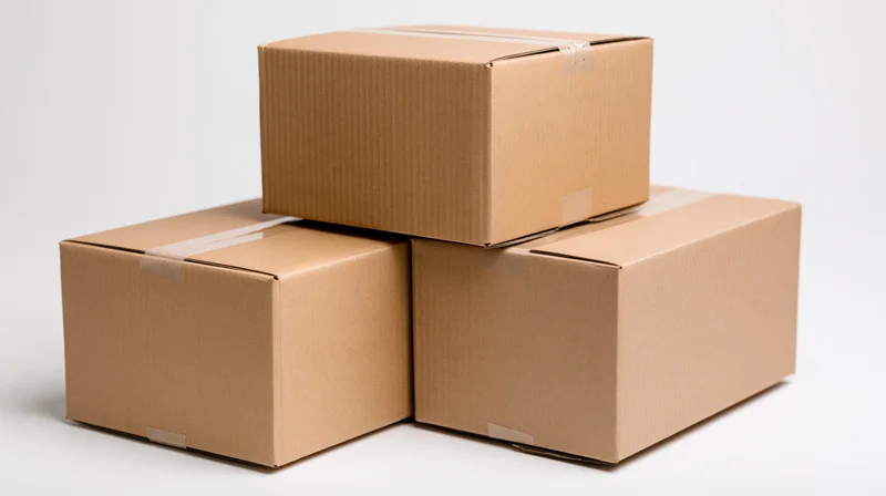 Three sealed cardboard shipping boxes stacked on a white surface