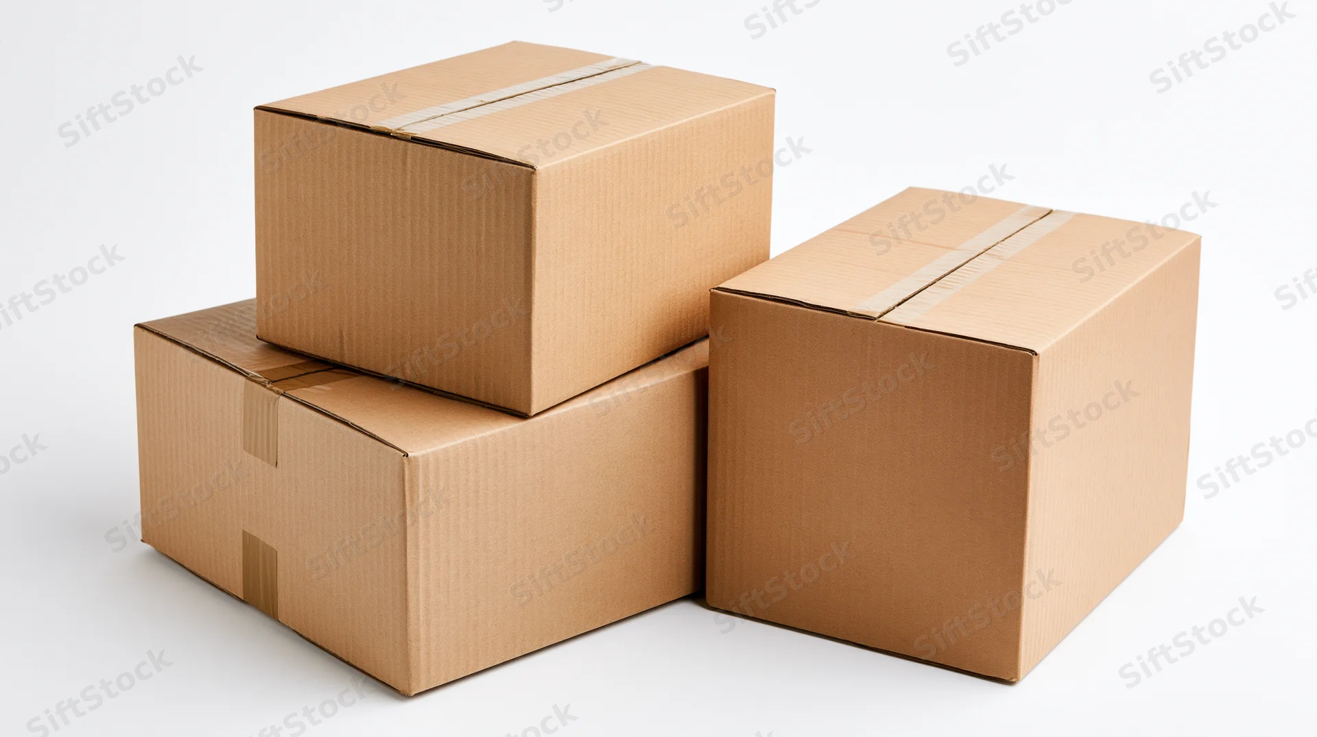 Three sealed cardboard shipping boxes stacked and arranged on a white background