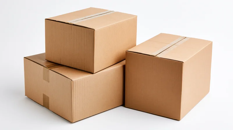 Three sealed cardboard shipping boxes stacked and arranged on a white background