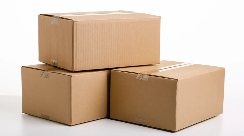 Three sealed cardboard shipping boxes stacked on a white surface