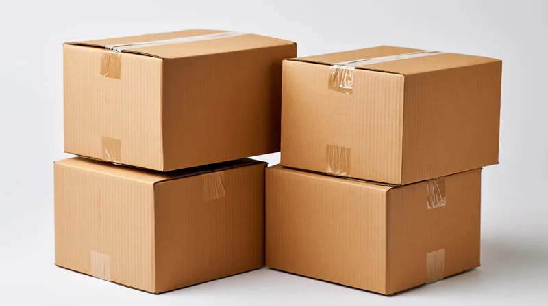 Four sealed cardboard shipping boxes stacked in two columns on a white surface