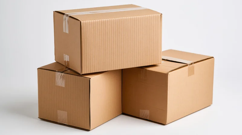 Three sealed cardboard shipping boxes stacked and arranged on a white surface