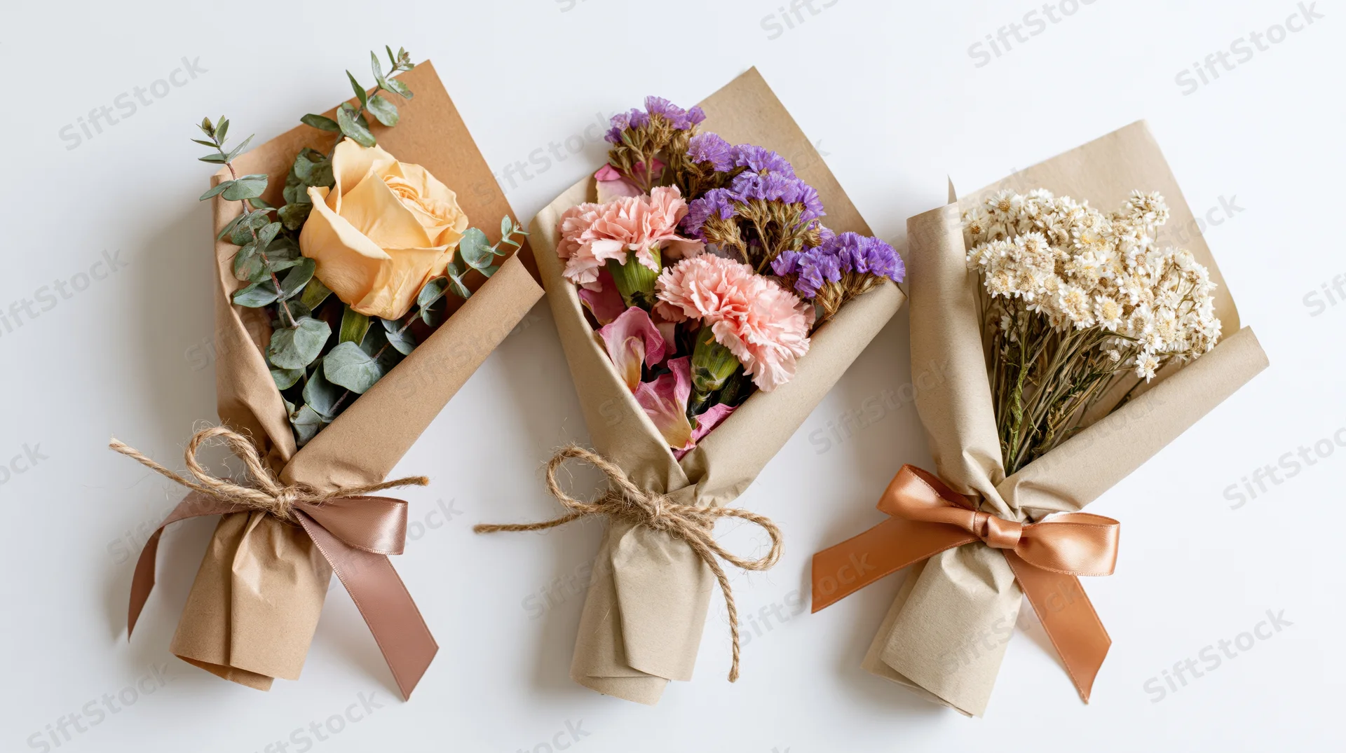 Three small flower bouquets wrapped in kraft paper with ribbons and twine, arranged flat on white surface