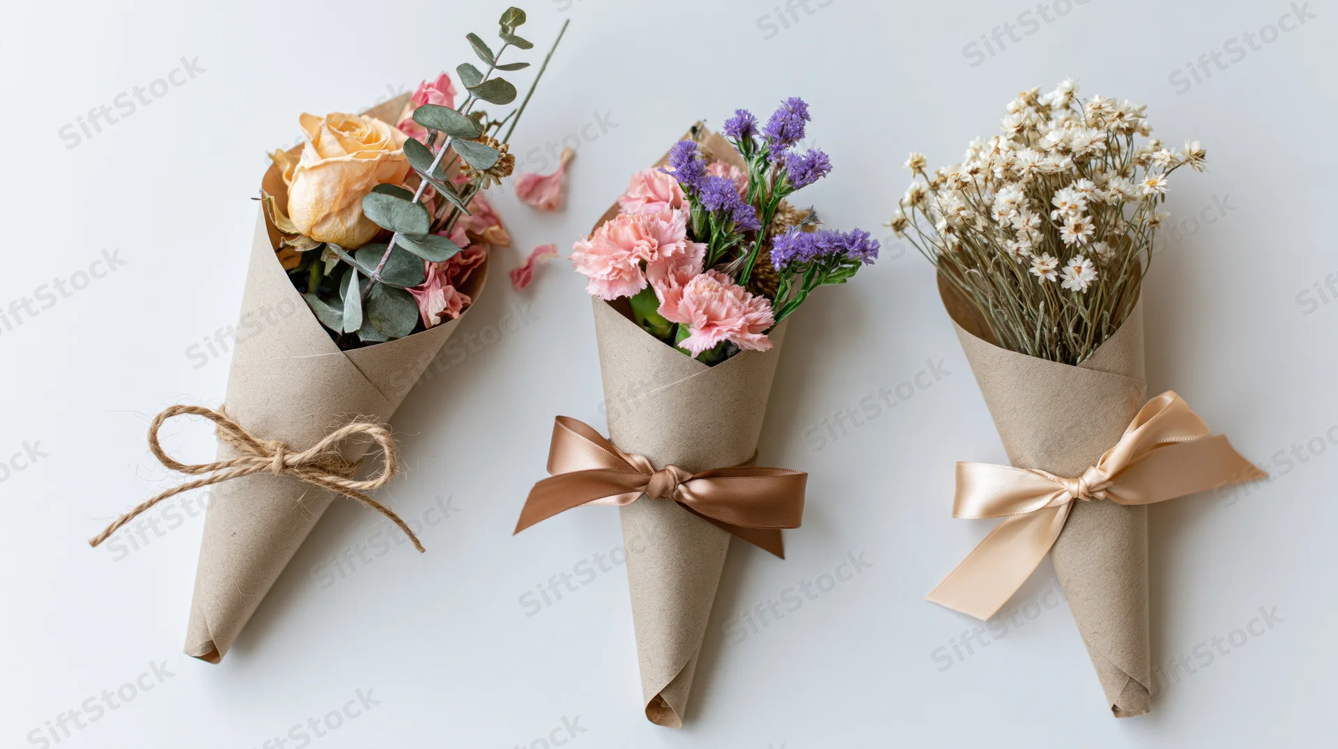 Three small flower bouquets wrapped in kraft paper lying flat on white surface
