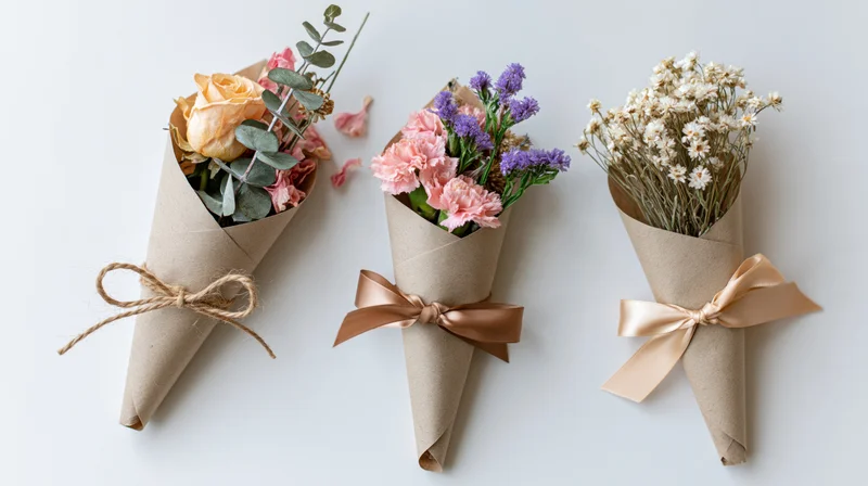 Three small flower bouquets wrapped in kraft paper lying flat on white surface