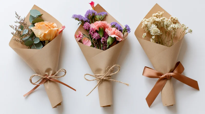 Three small flower bouquets wrapped in kraft paper lying flat on white surface