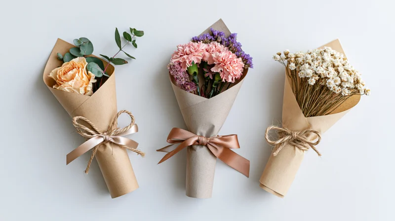 Three small flower bouquets wrapped in kraft paper lying flat on white surface