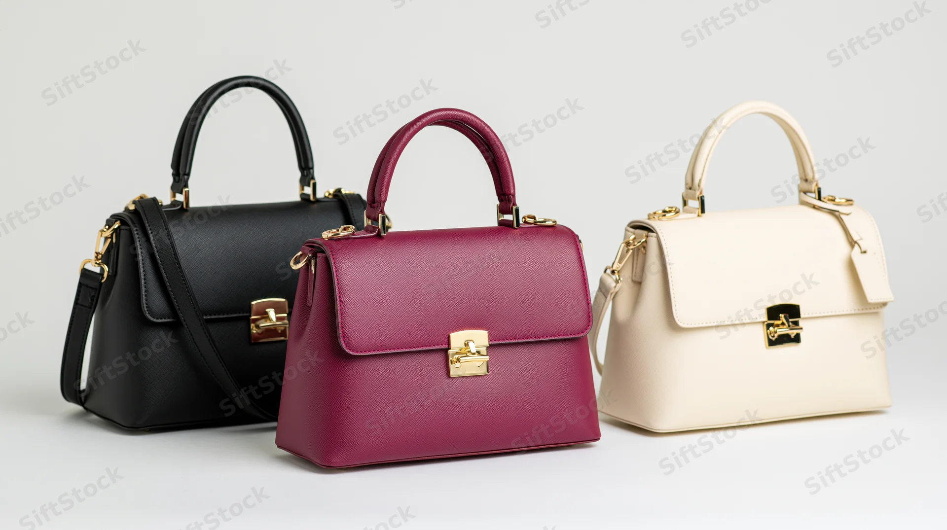 Three structured leather handbags in black, burgundy and cream arranged side by side on a white background