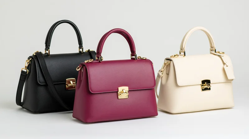Three structured leather handbags in black, burgundy and cream arranged side by side on a white background