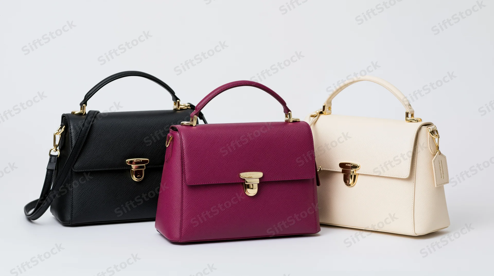 Three structured leather handbags arranged side by side on white background