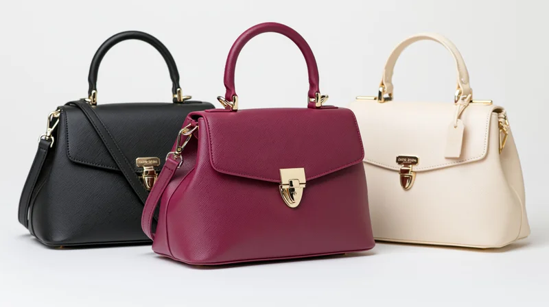 Three structured leather handbags in black, burgundy and cream arranged side by side on white background