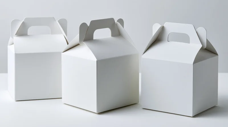 Three white cardboard gable-top boxes with handles arranged in a row on a plain white surface