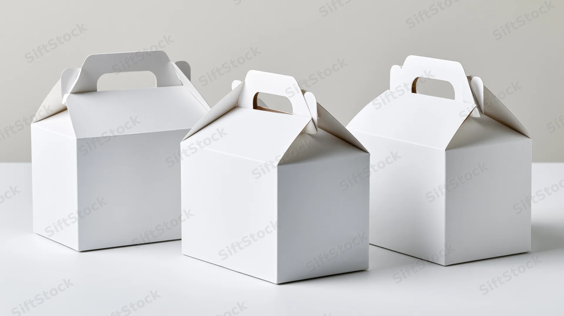 Three white cardboard gable-top boxes with handles arranged on a plain surface
