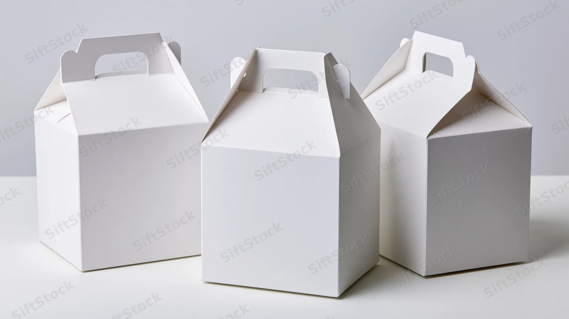 Three white cardboard gable-top boxes with handles arranged in a row on a plain white surface