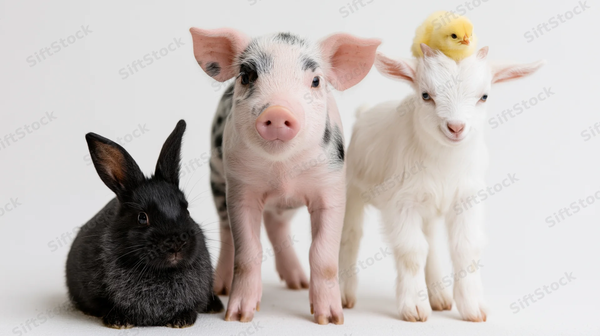 Piglet, lamb, rabbit and chick posed together on white background