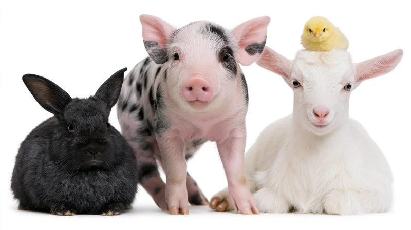 Three young farm animals posed together against a plain white background