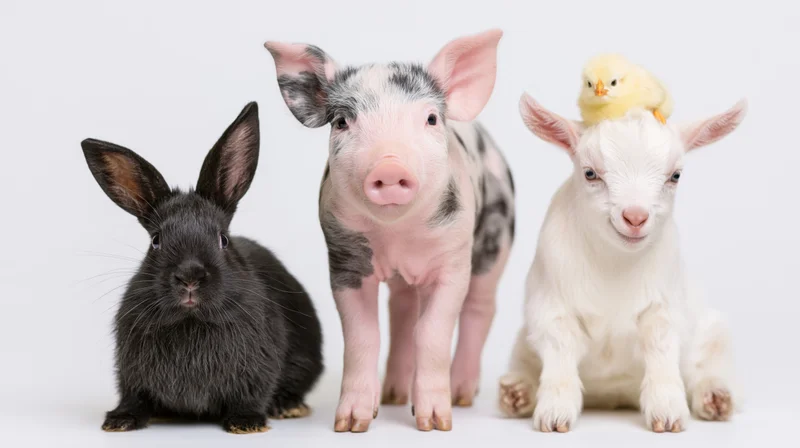 Three young farm animals posed together against a plain white background