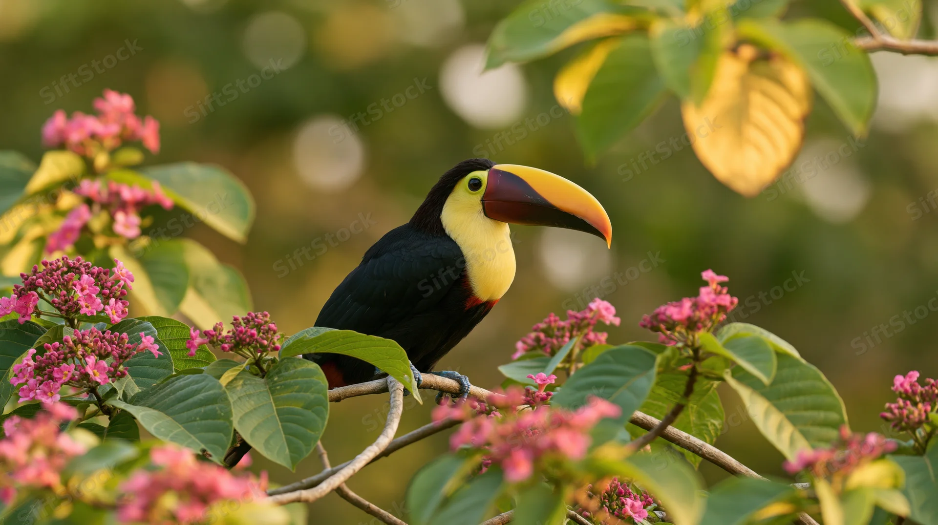 Toucan perched on a thin branch surrounded by tropical flowers in a lush green setting