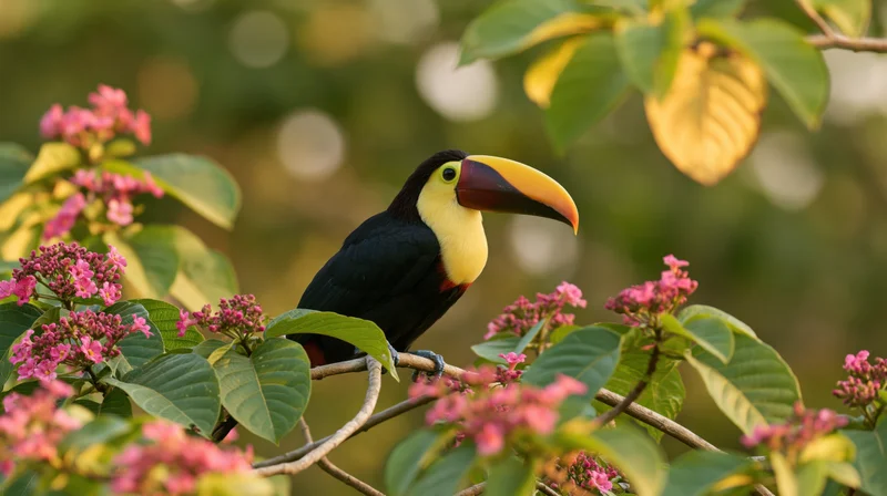 Toucan perched on a thin branch surrounded by tropical flowers in a lush green setting