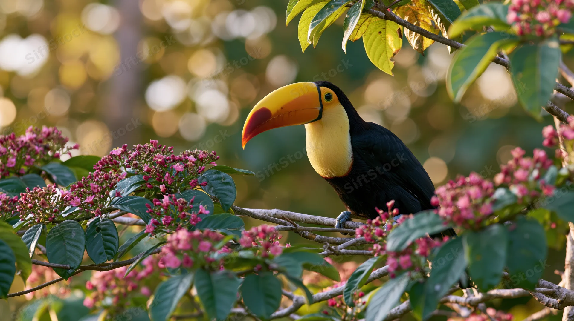 Toucan perched on a thin branch surrounded by pink tropical flowers in a lush green setting
