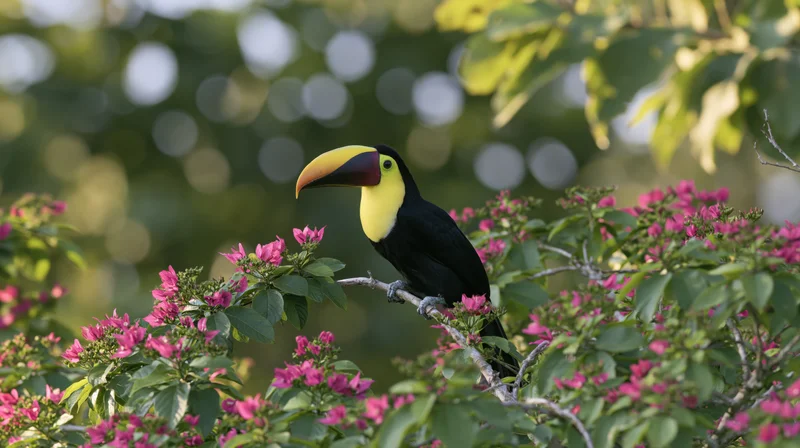 Toucan perched on a thin branch surrounded by pink tropical flowers in a lush green setting