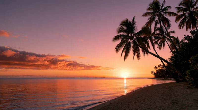 Sunset over calm ocean at tropical beach with palm tree silhouettes framing the horizon
