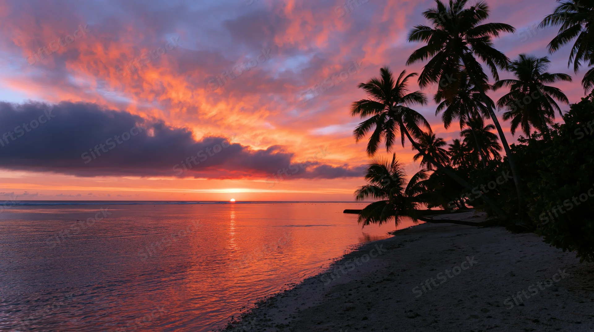 Sunset over tropical beach with palm tree silhouettes framing the horizon