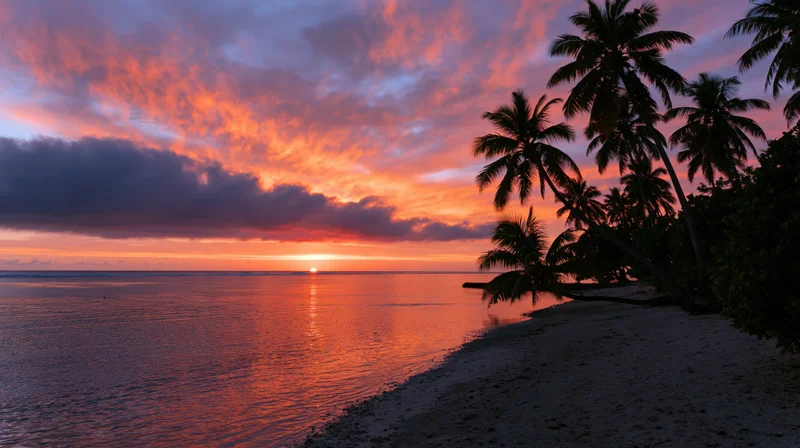 Sunset over tropical beach with palm tree silhouettes framing the horizon