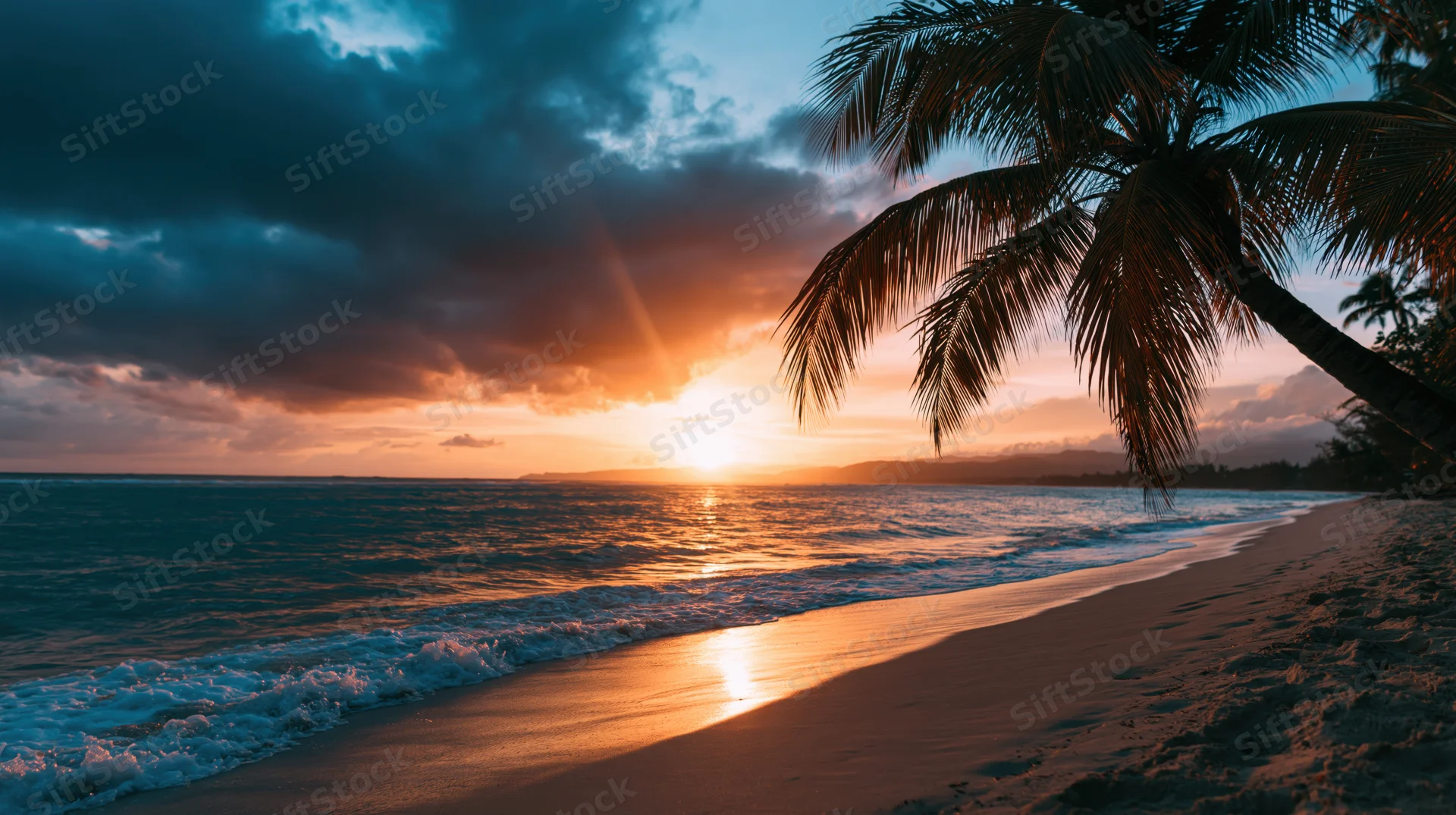 Golden sunset over tropical beach with palm tree silhouettes and waves rolling onto sand