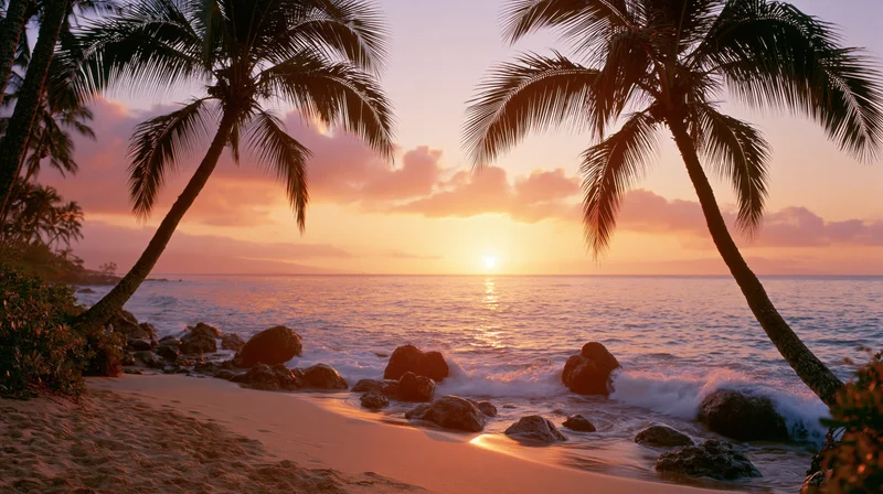 Tropical beach at sunset framed by two leaning coconut palms with waves crashing on sandy shore
