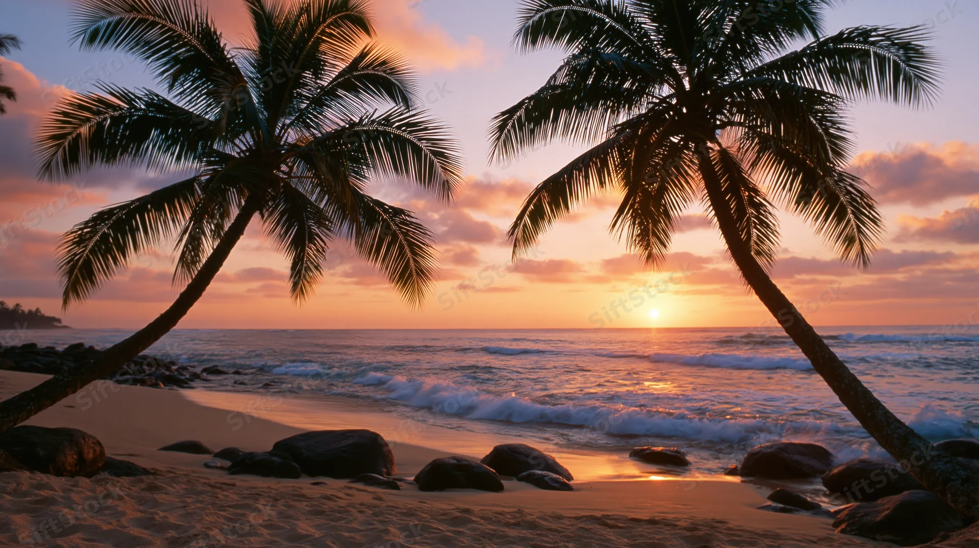 Tropical beach at sunset framed by two leaning coconut palms with waves and rocks on the shore