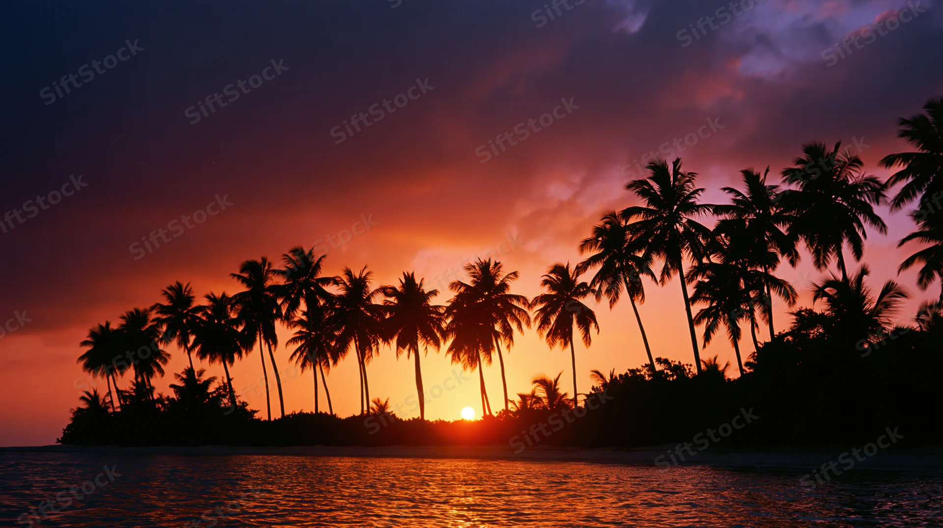 Row of palm trees silhouetted against a vibrant sunset over the ocean at a tropical beach