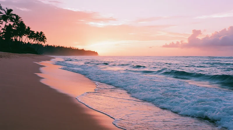 Gentle waves washing onto a sandy beach at sunset with palm trees silhouetted against a pink sky