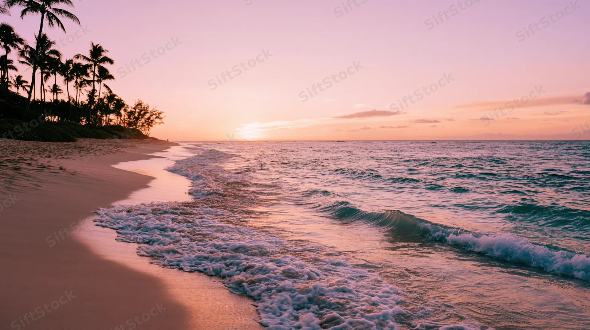 Gentle waves washing onto a sandy beach at sunset with palm trees along the shore
