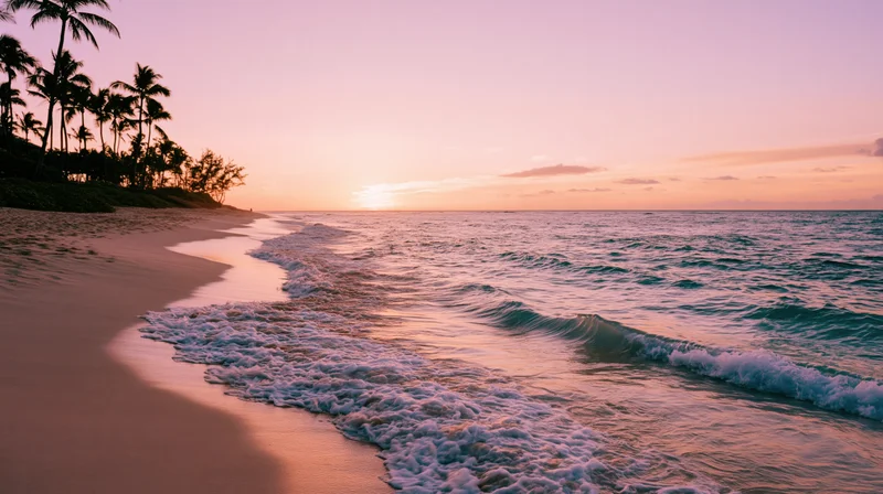 Gentle waves washing onto a sandy beach at sunset with palm trees along the shore