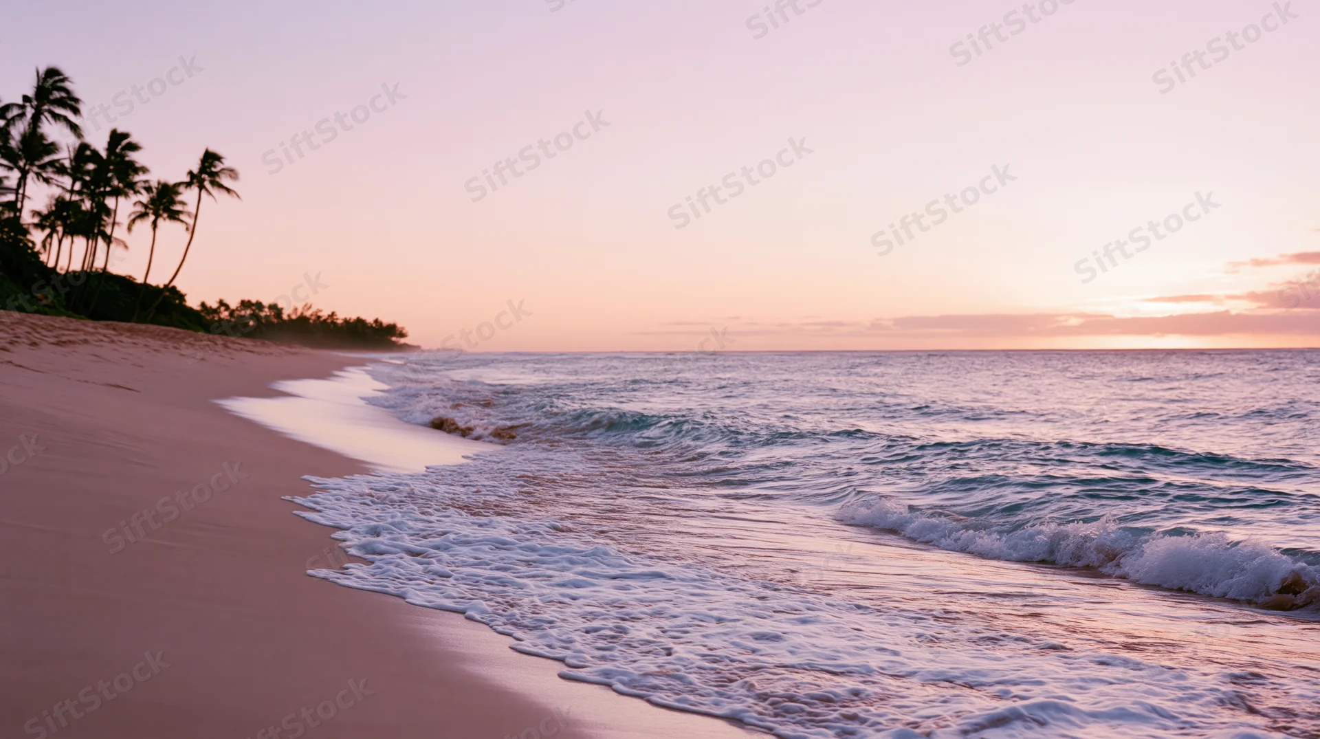Gentle waves washing onto a sandy tropical beach at sunset with palm trees along the shore