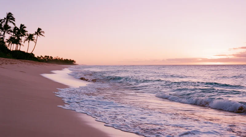 Gentle waves washing onto a sandy tropical beach at sunset with palm trees along the shore