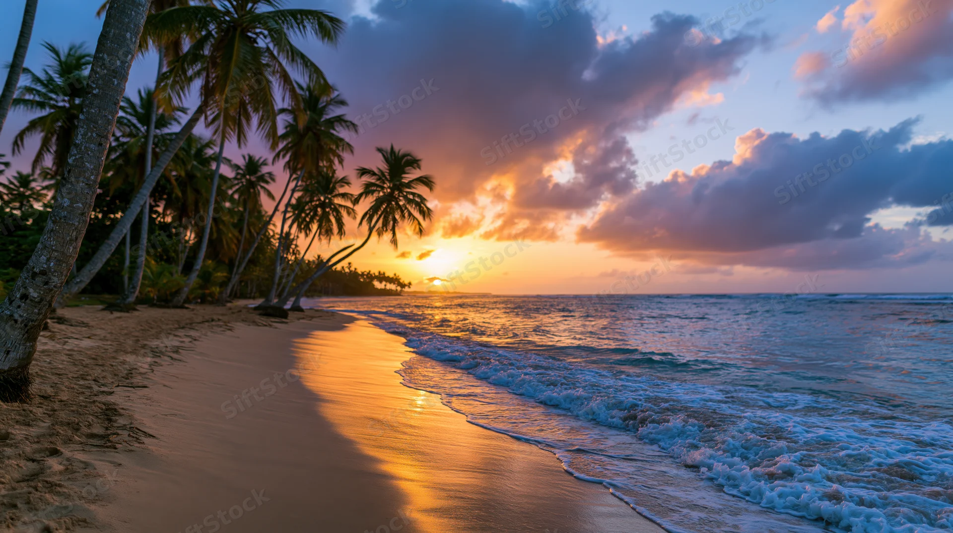 Tropical beach at sunset with palm trees lining the shore and waves rolling in