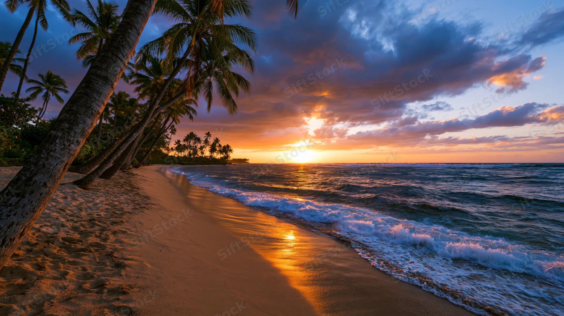 Tropical beach at sunset with palm trees leaning along the shoreline