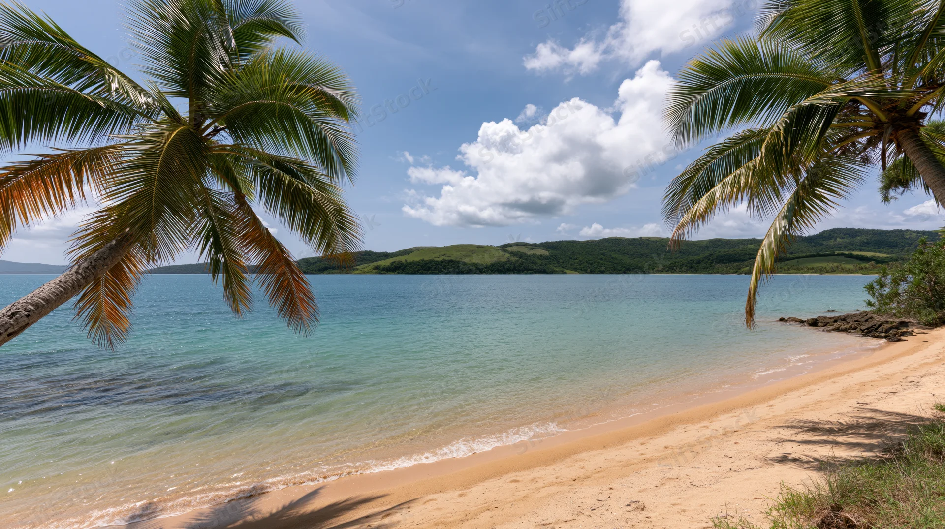 Tropical beach cove with calm shallow turquoise water meeting sandy shore under palm trees