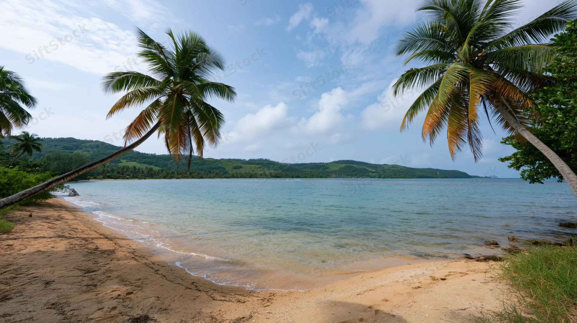 Tropical beach cove with calm turquoise water meeting sandy shore under palm trees